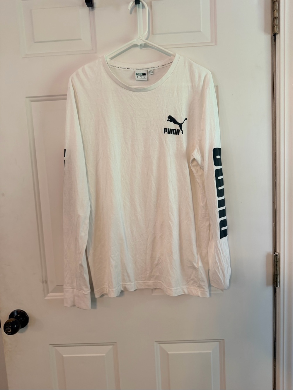 Puma White Long Sleeve Tee with Black Puma Chest and Sleeve Print
